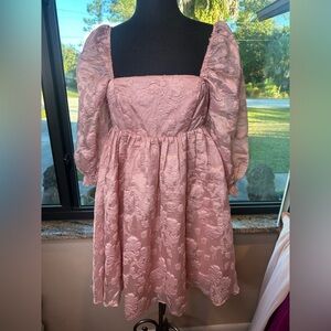 The Post Floral Embroidered Pink Puff Sleeve Square Neck Mini Dress Size Small